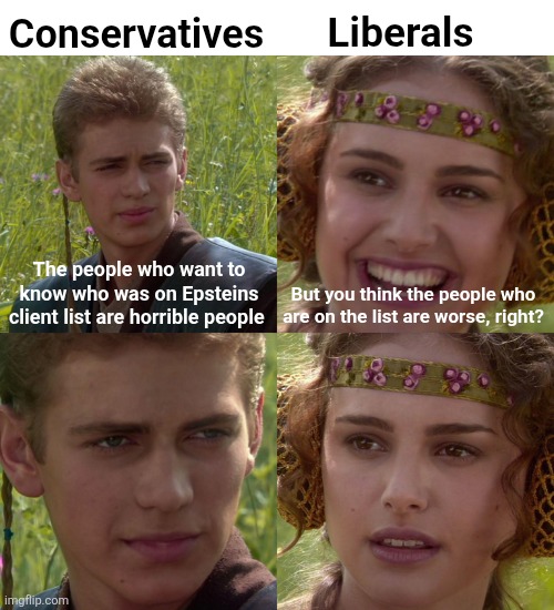 You don't need to be a pedo to support trump, but...just kidding yes you do | Liberals; Conservatives; The people who want to know who was on Epsteins client list are horrible people; But you think the people who are on the list are worse, right? | image tagged in anakin padme 4 panel,trailer trash,scumbag republicans,terrorists,pedophiles,jeffrey epstein | made w/ Imgflip meme maker