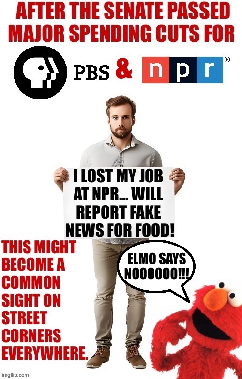 I’m sure they’ll find a job shoveling crap somewhere… | ELMO SAYS
NOOOOOO!!! | image tagged in political meme,pbs,npr,spending cuts,elmo | made w/ Imgflip meme maker