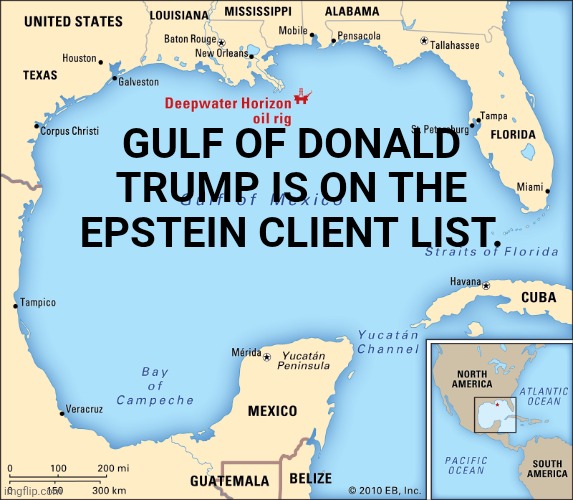Facts | GULF OF DONALD TRUMP IS ON THE EPSTEIN CLIENT LIST. | image tagged in gulf of mexico,donald trump,epstein | made w/ Imgflip meme maker