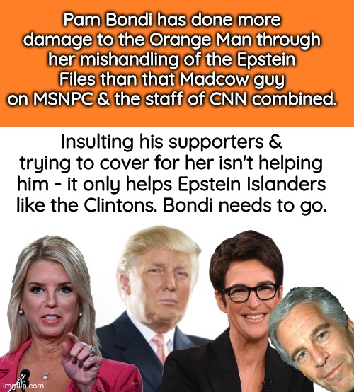 Bondi needs to be fired | Pam Bondi has done more damage to the Orange Man through her mishandling of the Epstein Files than that Madcow guy on MSNPC & the staff of CNN combined. Insulting his supporters & trying to cover for her isn't helping him - it only helps Epstein Islanders like the Clintons. Bondi needs to go. | image tagged in orange meme,blank white template,trump bill signing | made w/ Imgflip meme maker