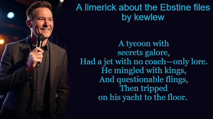 A tycoon with secrets galore,
Had a jet with no coach—only lore.
He mingled with kings,
And questionable flings,
Then tripped on his yacht to the floor. A limerick about the Ebstine files
by kewlew | made w/ Imgflip meme maker