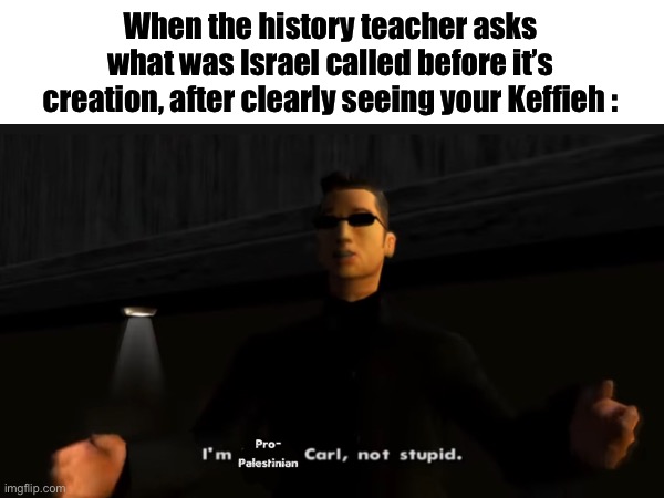 « I have a confession to make. I.. I’m not anti-semitic » | When the history teacher asks what was Israel called before it’s creation, after clearly seeing your Keffieh : | image tagged in palestine,middle east | made w/ Imgflip meme maker