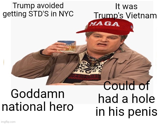 Buff Doge vs. Cheems Meme | Trump avoided getting STD'S in NYC It was Trump's Vietnam Goddamn national hero Could of had a hole in his penis | image tagged in memes,buff doge vs cheems | made w/ Imgflip meme maker