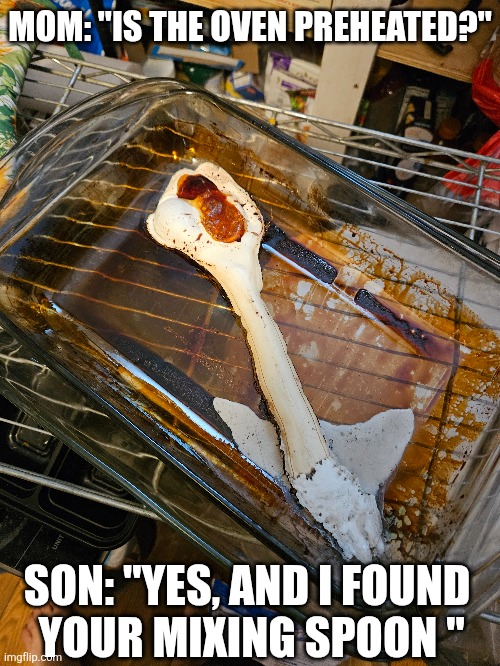 IT WAS ON FIRE! | MOM: "IS THE OVEN PREHEATED?"; SON: "YES, AND I FOUND 
YOUR MIXING SPOON " | image tagged in fail,oven,cooking | made w/ Imgflip meme maker