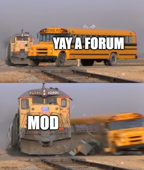 Yay? | YAY A FORUM; MOD | image tagged in a train hitting a school bus | made w/ Imgflip meme maker