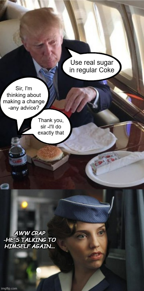 Plausible | Use real sugar in regular Coke; Sir, I'm thinking about making a change -any advice? Thank you,
sir -I'll do
exactly that; AWW CRAP -HE'S TALKING TO HIMSELF AGAIN... | image tagged in trump diet coke,flight attendant,dementia,voices | made w/ Imgflip meme maker