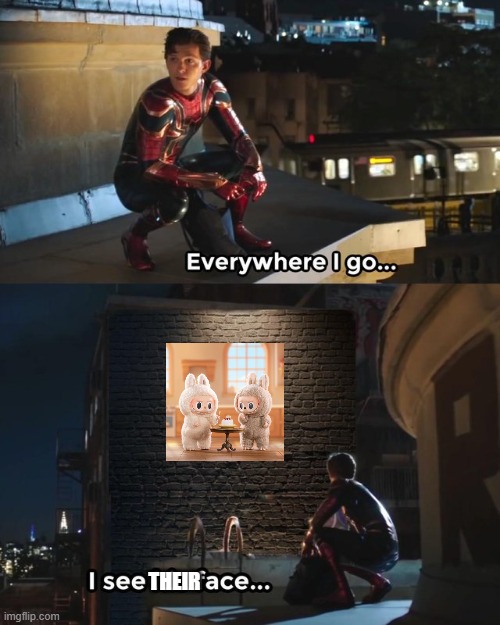 Labubu situation is crazy | THEIR | image tagged in everywhere i go i see his face,labubu | made w/ Imgflip meme maker