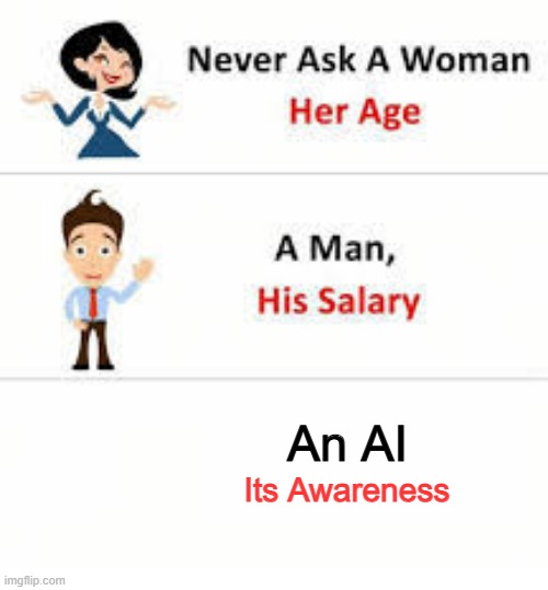 Never ask a woman her age | An AI; Its Awareness | image tagged in never ask a woman her age | made w/ Imgflip meme maker