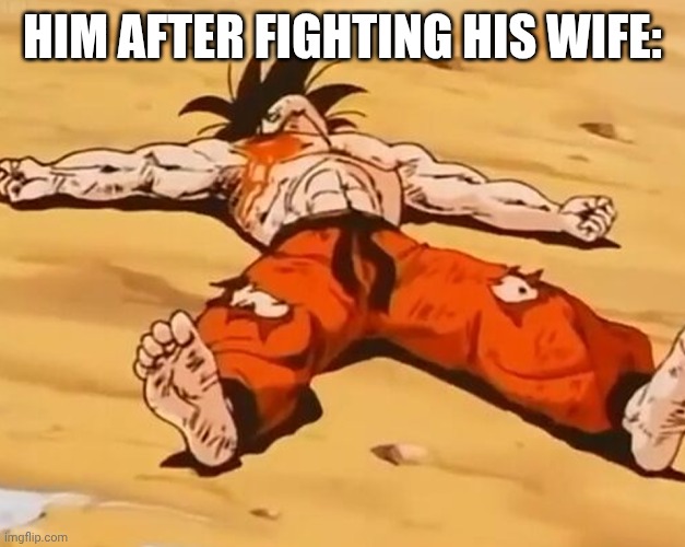 Dead goku (he is ded) | HIM AFTER FIGHTING HIS WIFE: | image tagged in dead goku he is ded | made w/ Imgflip meme maker
