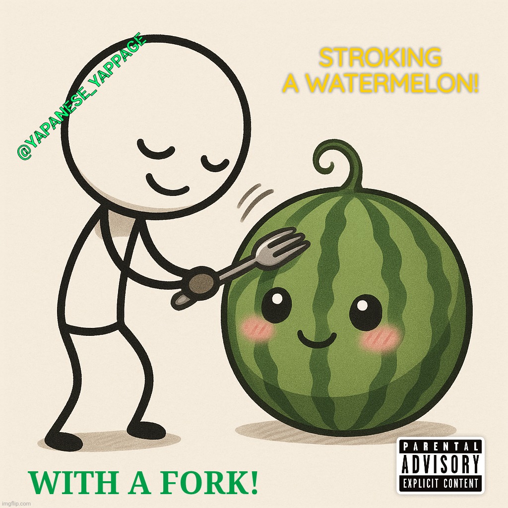 Owu stroking his watermelon | STROKING A WATERMELON! @YAPANESE_YAPPAGE; WITH A FORK! | image tagged in owu stroking his watermelon | made w/ Imgflip meme maker