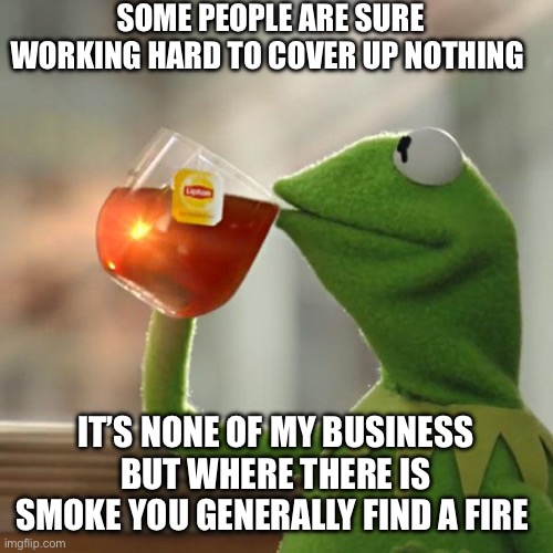 But That's None Of My Business | SOME PEOPLE ARE SURE WORKING HARD TO COVER UP NOTHING; IT’S NONE OF MY BUSINESS BUT WHERE THERE IS SMOKE YOU GENERALLY FIND A FIRE | image tagged in memes,but that's none of my business,kermit the frog | made w/ Imgflip meme maker