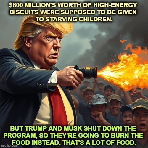 Waste, fraud and abuse, from Trump and Musk. | $800 MILLION'S WORTH OF HIGH-ENERGY 
BISCUITS WERE SUPPOSED TO BE GIVEN 
TO STARVING CHILDREN. BUT TRUMP AND MUSK SHUT DOWN THE 
PROGRAM, SO THEY'RE GOING TO BURN THE 
FOOD INSTEAD. THAT'S A LOT OF FOOD. | image tagged in trump,elon musk,children,food,incompetence,waste | made w/ Imgflip meme maker