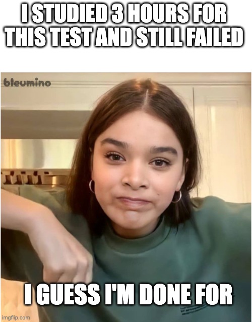 Hailee Steinfeld Reluctant Acceptance meme | I STUDIED 3 HOURS FOR THIS TEST AND STILL FAILED; I GUESS I'M DONE FOR | image tagged in hailee steinfeld reluctant acceptance meme | made w/ Imgflip meme maker