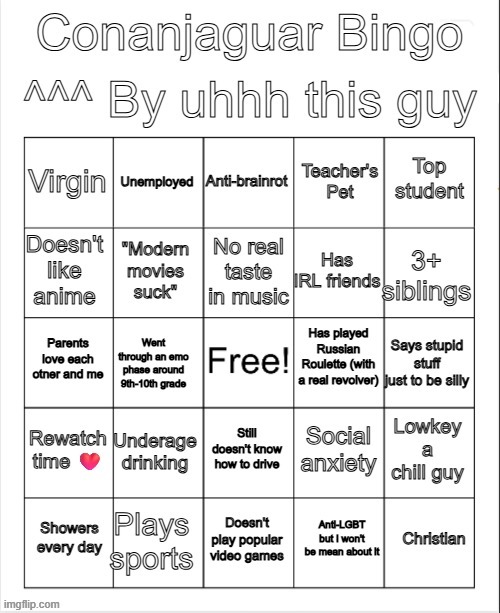 guess we doing bingo now | image tagged in conanjaguar bingo | made w/ Imgflip meme maker