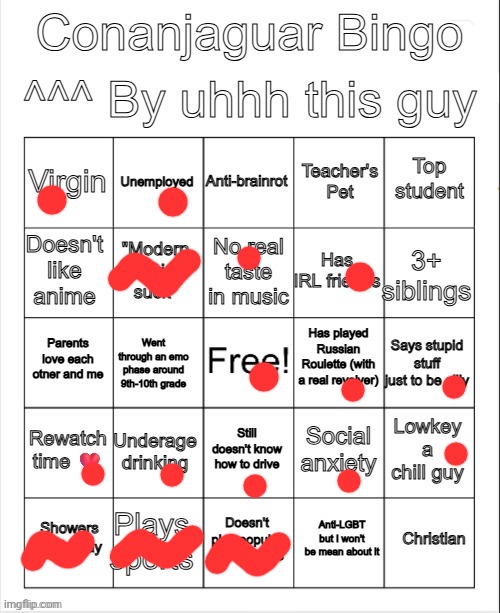 (yes, I've actually played Russian roulette before, and the dude who would've gotten hit tried shooting me) | image tagged in conanjaguar bingo | made w/ Imgflip meme maker