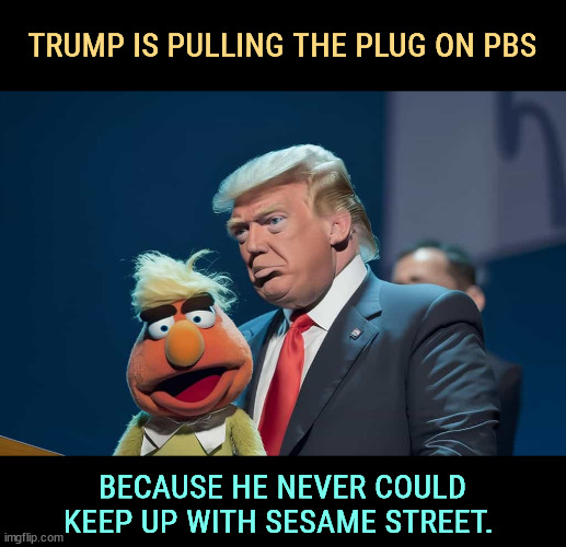Trump's trying to kill PBS for a reason. | TRUMP IS PULLING THE PLUG ON PBS; BECAUSE HE NEVER COULD KEEP UP WITH SESAME STREET. | image tagged in trump stiffed pbs because he couldn't keep up with sesame street,trump,pbs,pbs kids,sesame street,muppets | made w/ Imgflip meme maker