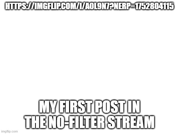 HTTPS://IMGFLIP.COM/I/A0L9N7?NERP=1752804115; MY FIRST POST IN THE N0-FILTER STREAM | made w/ Imgflip meme maker