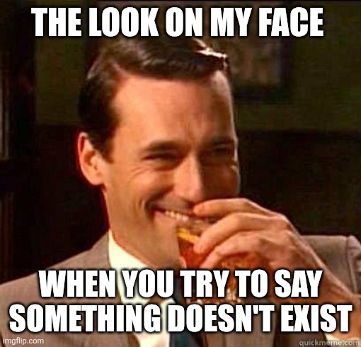 Laughing Don Draper | THE LOOK ON MY FACE; WHEN YOU TRY TO SAY SOMETHING DOESN'T EXIST | image tagged in laughing don draper,epstein list | made w/ Imgflip meme maker
