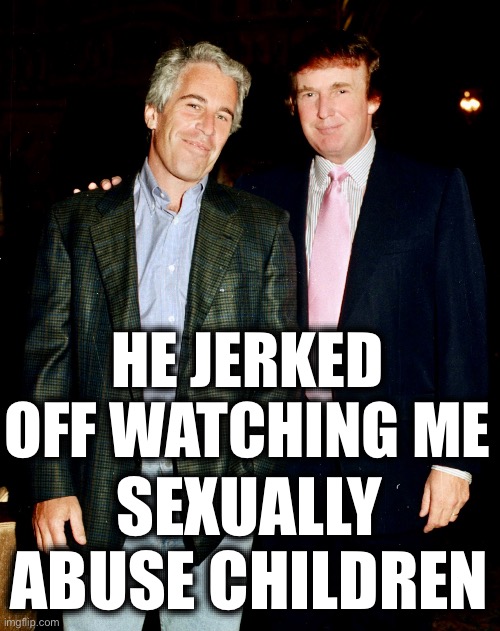 HE JERKED OFF WATCHING ME; SEXUALLY ABUSE CHILDREN | image tagged in memes,donald trump,jeffery epstein,us elites,us politicians,corporate america | made w/ Imgflip meme maker