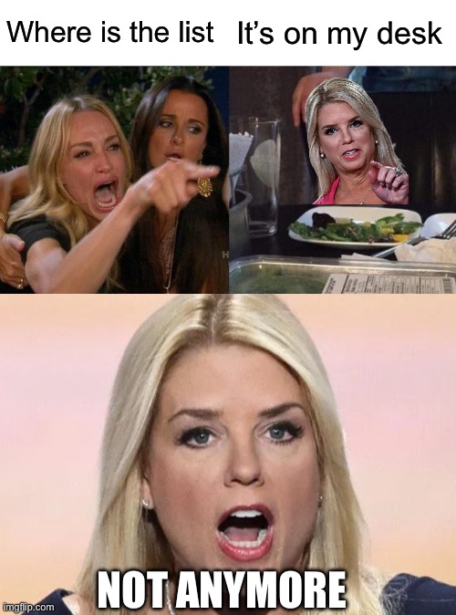 Where is the list; It’s on my desk; NOT ANYMORE | image tagged in memes,woman yelling at cat,pam bondi mouth wide open trump sucks | made w/ Imgflip meme maker