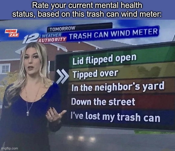 Where is your mind on this scale? | Rate your current mental health status, based on this trash can wind meter: | image tagged in wind,mental health,rate,scale | made w/ Imgflip meme maker