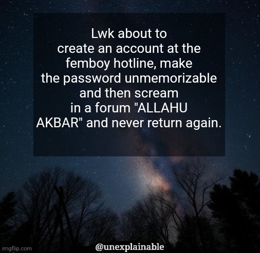 it's not like I'm doing anything significant anyway | Lwk about to create an account at the femboy hotline, make the password unmemorizable and then scream in a forum "ALLAHU AKBAR" and never return again. | image tagged in it's simply unexplainable | made w/ Imgflip meme maker