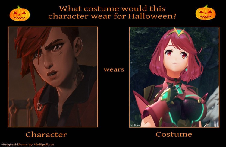 what if vi wears pyra's costume for halloween ? | image tagged in what costume would this character wear for halloween,arcane,video games,pyra,nintendo,league of legends | made w/ Imgflip meme maker