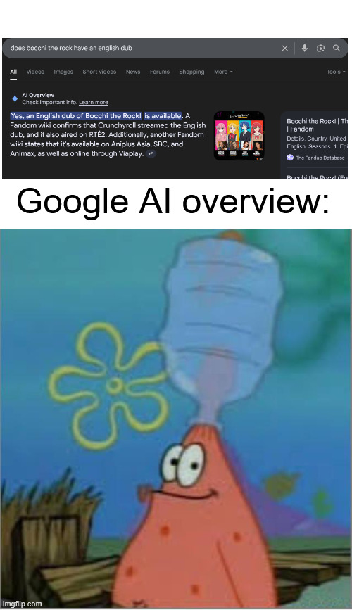 Ai overview is stupid | Google AI overview: | image tagged in memes,anime,google ai,bocchi the rock,english dub | made w/ Imgflip meme maker