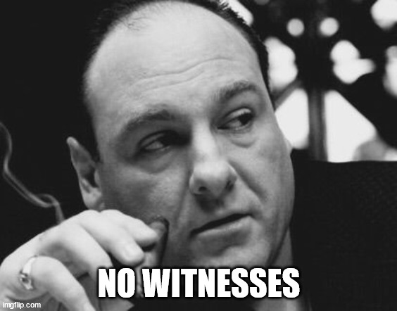 Tony Soprano Admin Gangster | NO WITNESSES | image tagged in tony soprano admin gangster | made w/ Imgflip meme maker