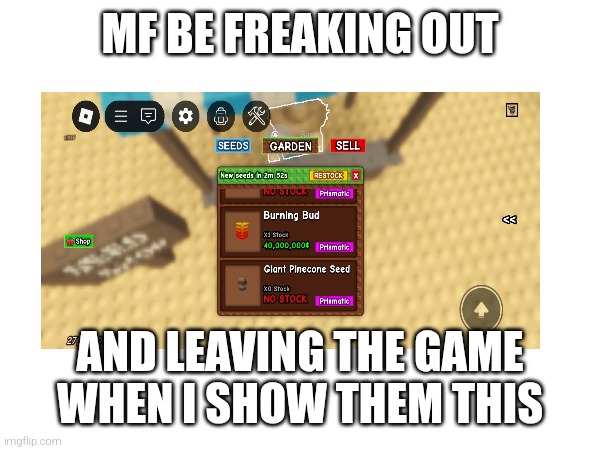 Gag | MF BE FREAKING OUT; AND LEAVING THE GAME WHEN I SHOW THEM THIS | image tagged in grow a garden | made w/ Imgflip meme maker