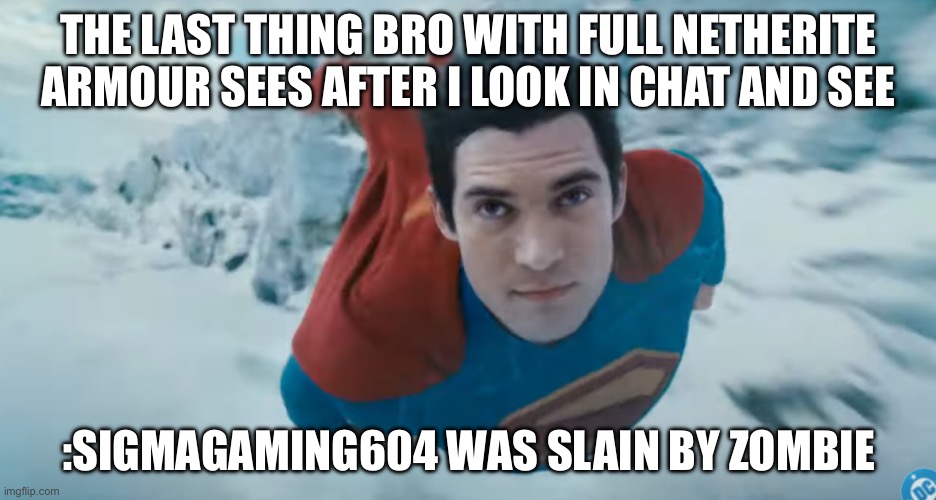 BRO?! | THE LAST THING BRO WITH FULL NETHERITE ARMOUR SEES AFTER I LOOK IN CHAT AND SEE; :SIGMAGAMING604 WAS SLAIN BY ZOMBIE | image tagged in minecraft | made w/ Imgflip meme maker