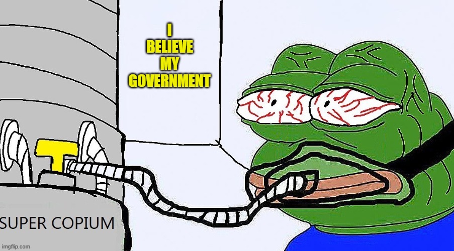Pepe super copium | I BELIEVE MY GOVERNMENT | image tagged in pepe super copium | made w/ Imgflip meme maker