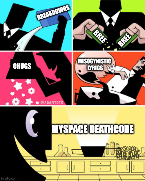 myspace deathcore | BREAKDOWNS; BREE; BREE; MISOGYNISTIC 
LYRICS; CHUGS; MYSPACE DEATHCORE | image tagged in powerpuff girls | made w/ Imgflip meme maker