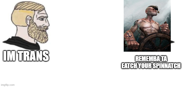 Two Chad Heads | IM TRANS REMEMBA TA EATCH YOUR SPINNATCH | image tagged in two chad heads | made w/ Imgflip meme maker