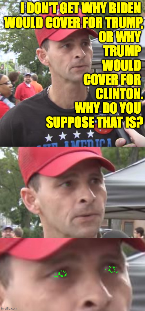 Truth mattered to them after all  ( : | I DON'T GET WHY BIDEN 
WOULD COVER FOR TRUMP,
OR WHY 
TRUMP 
WOULD 
COVER FOR 
CLINTON.
WHY DO YOU 
SUPPOSE THAT IS? | image tagged in trump supporter,memes,trump,epstein files | made w/ Imgflip meme maker