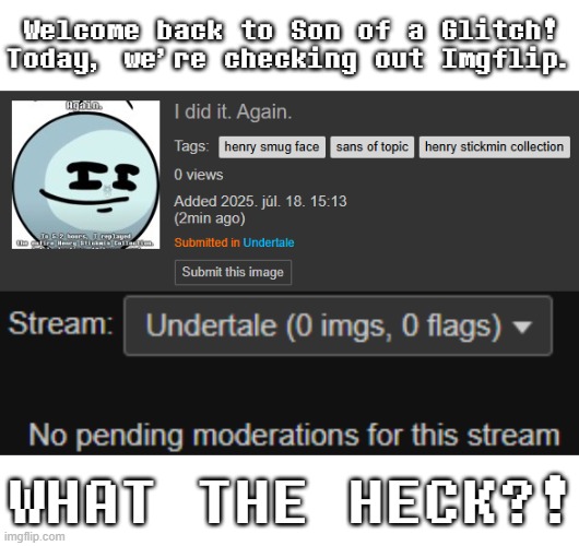 Son of a Glitch is ran by A+Start. I am not affiliated with him in any way, shape or form. | Welcome back to Son of a Glitch!
Today, we're checking out Imgflip. WHAT THE HECK?! | image tagged in glitches,sans of topic in le tags | made w/ Imgflip meme maker