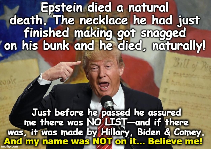 No Epstein List | Epstein died a natural death. The necklace he had just finished making got snagged on his bunk and he died, naturally! Just before he passed he assured me there was NO LIST—and if there was, it was made by Hillary, Biden & Comey. And my name was NOT on it… Believe me! | image tagged in donald trump the clown,trump is a moron,maga,nevertrump,pedophiles,impeach trump | made w/ Imgflip meme maker