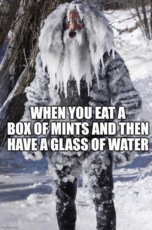 ice man | WHEN YOU EAT A BOX OF MINTS AND THEN HAVE A GLASS OF WATER | image tagged in ice man | made w/ Imgflip meme maker