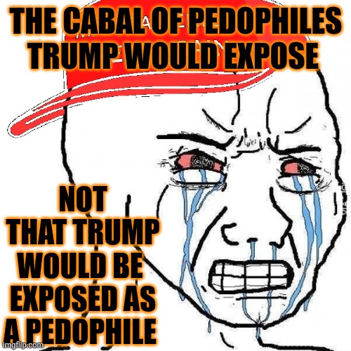 Crying wojak maga | THE CABAL OF PEDOPHILES TRUMP WOULD EXPOSE NOT THAT TRUMP WOULD BE 

EXPOSED AS A PEDOPHILE | image tagged in crying wojak maga | made w/ Imgflip meme maker