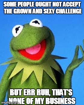 Kermit the Frog Meme | SOME PEOPLE OUGHT NOT ACCEPT THE GROWN AND SEXY CHALLENGE BUT ERR RUH, THAT'S NONE OF MY BUSINESS | image tagged in kermit the frog meme | made w/ Imgflip meme maker