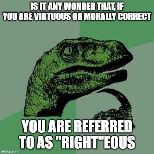 Makes sense to me. The left certainly has no claim on righteousness. | IS IT ANY WONDER THAT, IF YOU ARE VIRTUOUS OR MORALLY CORRECT; YOU ARE REFERRED TO AS "RIGHT"EOUS | image tagged in raptor asking questions,memes,righteous,morally correct | made w/ Imgflip meme maker