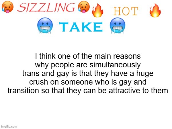 sizzling hot take | I think one of the main reasons why people are simultaneously trans and gay is that they have a huge crush on someone who is gay and transition so that they can be attractive to them | image tagged in sizzling hot take | made w/ Imgflip meme maker