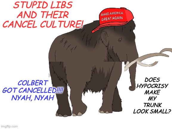 Socially awkward problematic elephant -- needs an intervention? | STUPID LIBS AND THEIR CANCEL CULTURE! DOES HYPOCRISY MAKE MY TRUNK LOOK SMALL? COLBERT GOT CANCELLED!!!!
NYAH, NYAH | image tagged in mammoth,maga,extinction,hypocrisy | made w/ Imgflip meme maker
