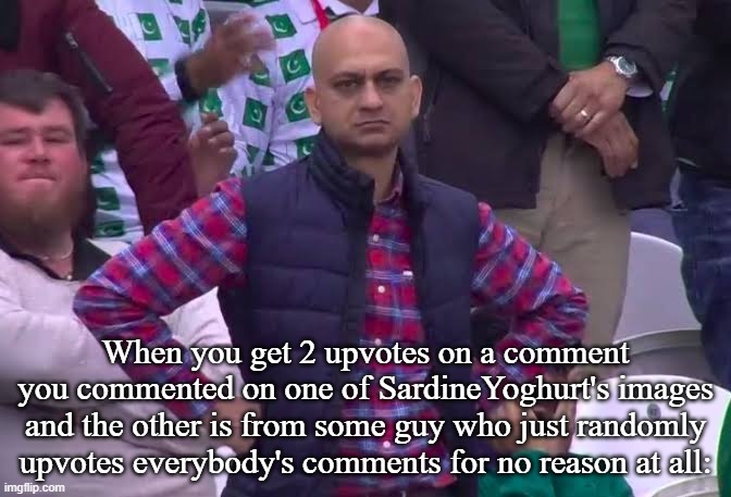 Read SardineYoghurt's tagline and you'll get it. | When you get 2 upvotes on a comment you commented on one of SardineYoghurt's images and the other is from some guy who just randomly upvotes everybody's comments for no reason at all: | image tagged in disappointed man | made w/ Imgflip meme maker