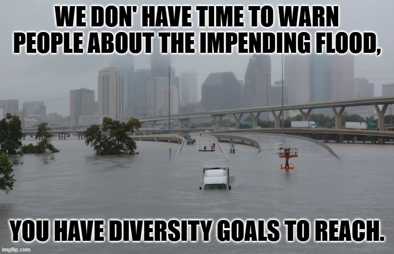 Texas flood | WE DON' HAVE TIME TO WARN PEOPLE ABOUT THE IMPENDING FLOOD, YOU HAVE DIVERSITY GOALS TO REACH. | image tagged in texas flood | made w/ Imgflip meme maker