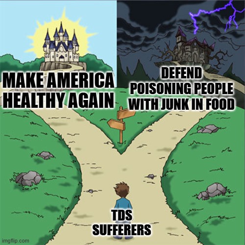 Two Paths | DEFEND POISONING PEOPLE WITH JUNK IN FOOD; MAKE AMERICA HEALTHY AGAIN; TDS SUFFERERS | image tagged in two paths | made w/ Imgflip meme maker