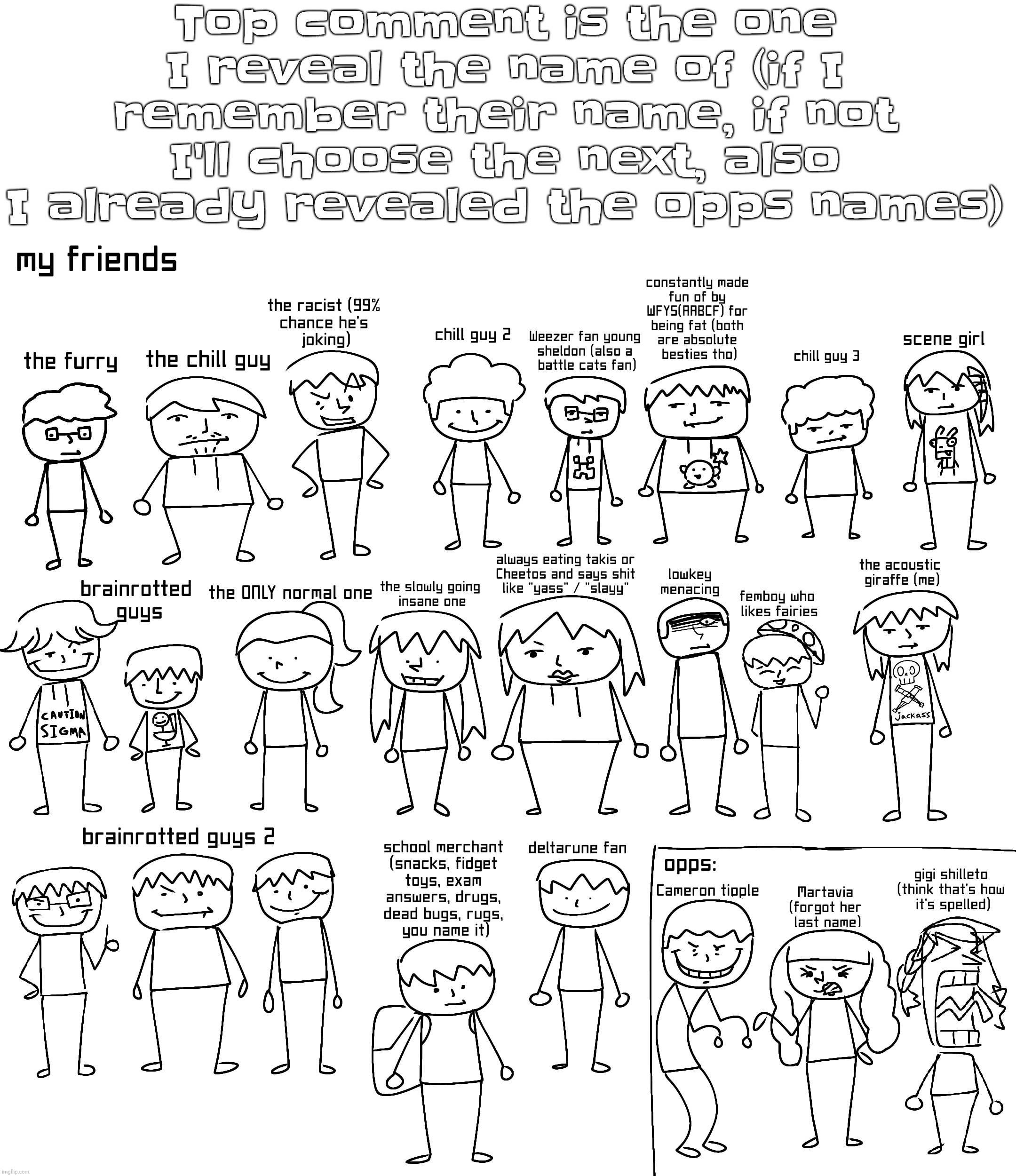 Top comment is the one I reveal the name of (if I remember their name, if not I'll choose the next, also I already revealed the opps names) | made w/ Imgflip meme maker