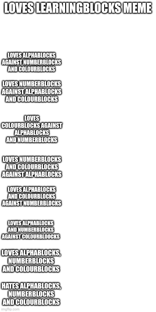 Loves Learningblocks | LOVES LEARNINGBLOCKS MEME; LOVES ALPHABLOCKS AGAINST NUMBERBLOCKS AND COLOURBLOCKS; LOVES NUMBERBLOCKS AGAINST ALPHABLOCKS AND COLOURBLOCKS; LOVES COLOURBLOCKS AGAINST ALPHABLOCKS AND NUMBERBLOCKS; LOVES NUMBERBLOCKS AND COLOURBLOCKS AGAINST ALPHABLOCKS; LOVES ALPHABLOCKS AND COLOURBLOCKS AGAINST NUMBERBLOCKS; LOVES ALPHABLOCKS AND NUMBERBLOCKS AGAINST COLOURBLOOCKS; LOVES ALPHABLOCKS, NUMBERBLOCKS AND COLOURBLOCKS; HATES ALPHABLOCKS, NUMBERBLOCKS AND COLOURBLOCKS | image tagged in memes | made w/ Imgflip meme maker