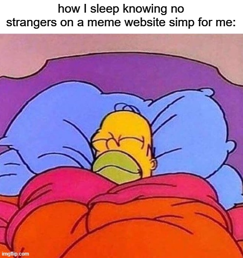 Homer Simpson sleeping peacefully | how I sleep knowing no strangers on a meme website simp for me: | image tagged in homer simpson sleeping peacefully | made w/ Imgflip meme maker