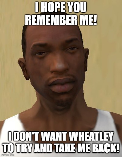 Carl Johnson | I HOPE YOU REMEMBER ME! I DON'T WANT WHEATLEY TO TRY AND TAKE ME BACK! | image tagged in carl johnson | made w/ Imgflip meme maker